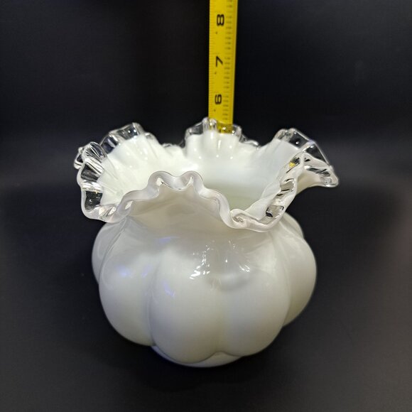 Fenton Milk Glass Melon Vase With Silver Crest Ruffled Edge - Picture 13 of 13